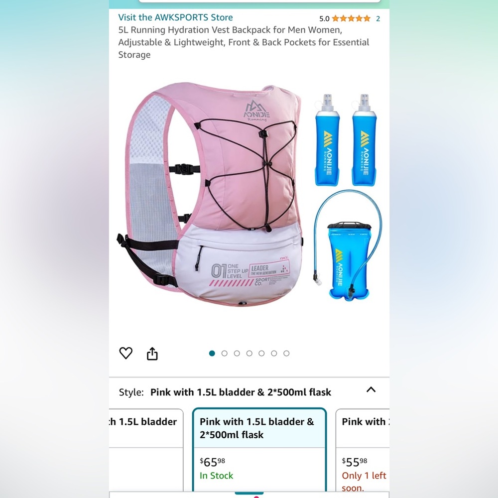 Running hydration vest. 1.5L (33 oz) water bladder and 2x500ml